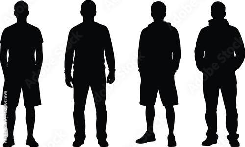 Silhouette of four standing men in casual clothing posing together, isolated on white background for design, illustration, and creative projects