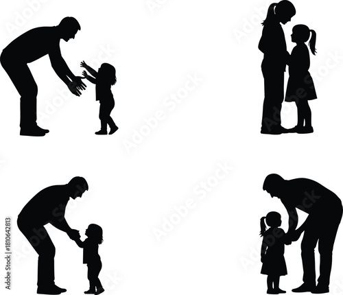 “Family parent child silhouette collection showing tender moments, care, bonding, parenting interaction, father daughter love, mother daughter relationship illustration”