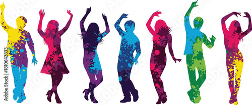 Colorful dancing silhouettes group celebrating joyful movement and artistic expression with vibrant abstract splash effects in creative modern vector illustration