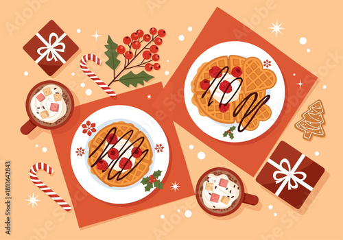 Top-down vector illustration shows two plates of raspberry and chocolate waffles, two mugs of hot cocoa with marshmallows, wrapped gifts, and candy canes arranged on a decorated table