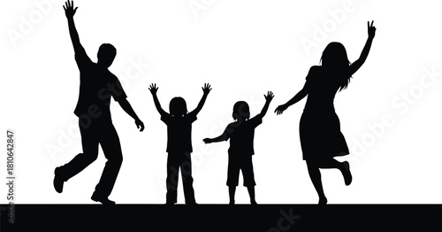 Joyful family silhouette jumping and celebrating together outdoors, expressing happiness, unity, freedom, playful movement, energetic lifestyle and positive family bonding illustration