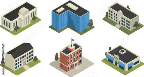 Set of six isometric 3D buildings including office, school, museum, government and commercial structures for architecture and city design