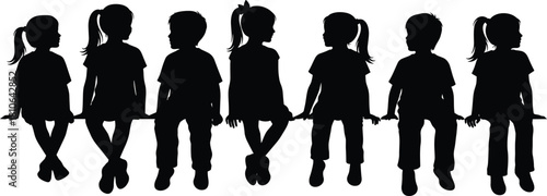 Silhouette group of children sitting together on bench, kids side by side in row, childhood friendship concept illustration vector design