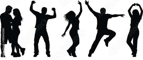 Group of energetic dancing people silhouettes celebrating movement, joyful party poses, active lifestyle concept, expressive dance actions in artistic illustration