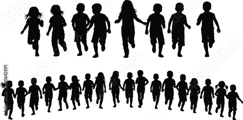 Silhouette group of running children in motion, energetic kids activity illustration, playful teamwork concept, dynamic youth movement design