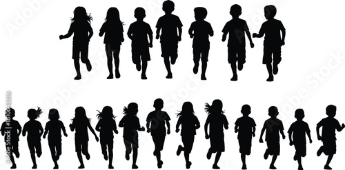Silhouette group of children running forward together in energetic motion symbolizing childhood fun, fitness, activity, teamwork, freedom and outdoor play