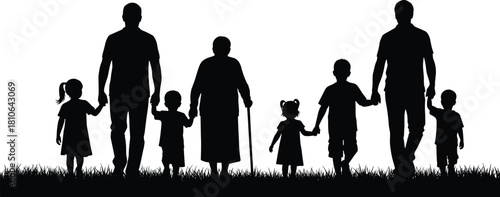 Silhouette multigenerational family walking together in unity across grassy field, depicting love, support, bonding, parenting, childhood and togetherness