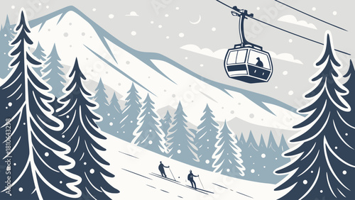 Winter scene with skiers on a slope, evergreen trees, and a gondola lift in a snowy mountain range
