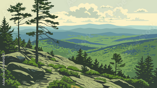 Scenic mountain landscape with tall trees and rolling hills under a cloudy sky is depicted here