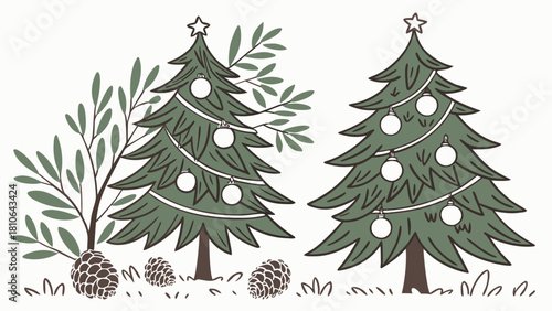 Two christmas trees with star and ornaments next to a leafy tree and pine cones on the ground