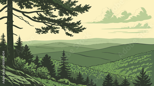 Illustration of a landscape with green hills, trees and clouds in the sky with a large tree branch 100