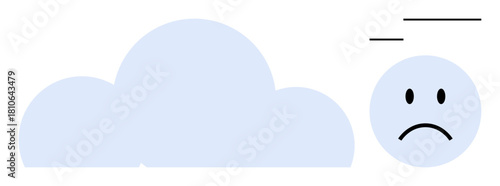 Sadness concept. A sad face next to a cloud portraying emotional or weather-related meanings. Sadness linked to gloomy days or personal feelings. For psychology, emotions, weather ation, mental