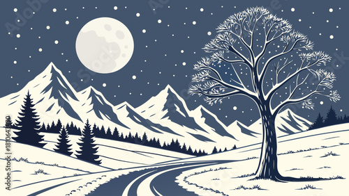 Winter landscape with snow covered mountains, a tree, a road, and a full moon in the night sky scene