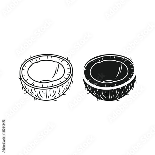 Coconut halves in outline and silhouette isolated on