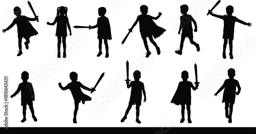 Children Silhouettes Playing Sword Fight Games Happy Kids in Various Action Poses Holding Toy Swords for Childhood Imagination and Adventure