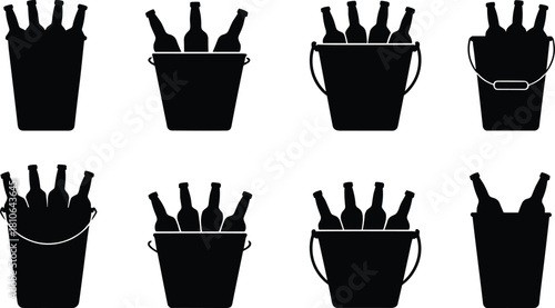 Beer bottles in bucket silhouette collection, beverages in ice container vector set, drink party cooler graphic icons for bar, pub celebration design