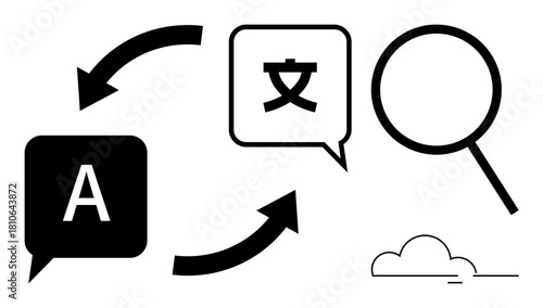 Speech bubbles with arrows symbolizing translation, magnifying glass for search or focus, and a cloud. Ideal for communication, language learning, linguistics, global connection, technology