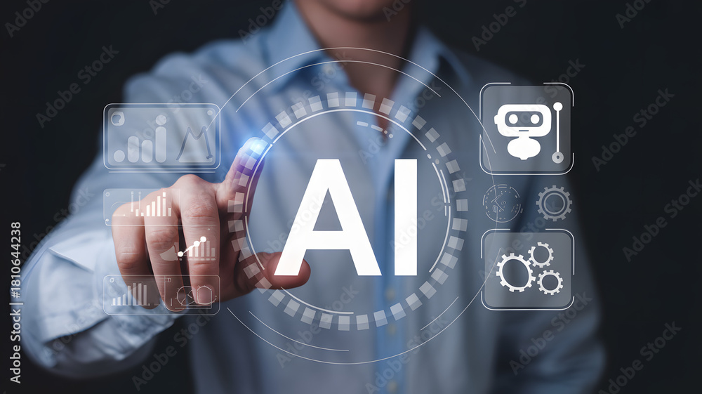 Naklejka premium Man interacting with ai future