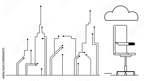 City buildings connected with network nodes and circuits, modern office chair on wheels, digital cloud. Ideal for technology, smart cities, innovation, connectivity, work, remote work cloud