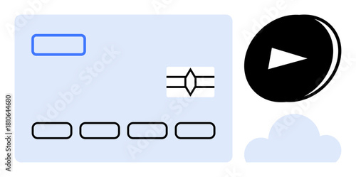 Credit card front beside a play button and cloud icon. Ideal for payments, subscription, security, streaming, technology, digital services, online shopping. Simple flat metaphor