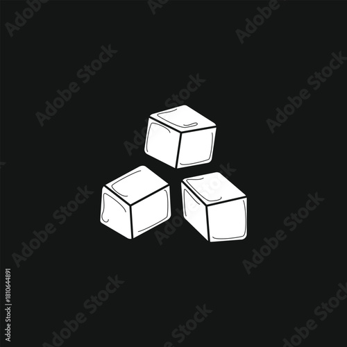 White outline silhouette of three ice cubes on a black background, perfect for beverage and refreshment designs