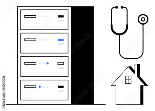 Server stack, stethoscope, and house highlight health data storage, telemedicine, smart systems, remote healthcare, technological innovation, digital health solutions and secure information. Simple