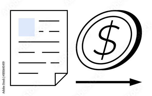 Document transferring towards coin with dollar sign, connected via arrow. Ideal for finance, payment process, transactions, billing, money exchange, business economic concepts. Simple flat metaphor