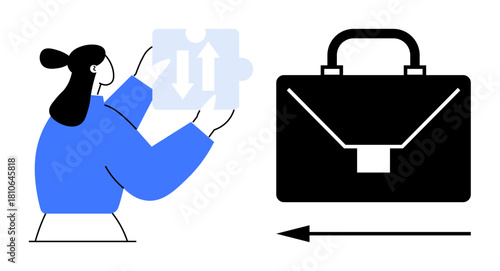 Business concept. A figure holding a puzzle piece strategy and solutions, alongside a briefcase for work and professional tasks. Perfect for corporate, leadership, career, entrepreneurship