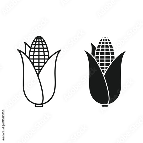 Corn cob icon set, outline and solid style, isolated on