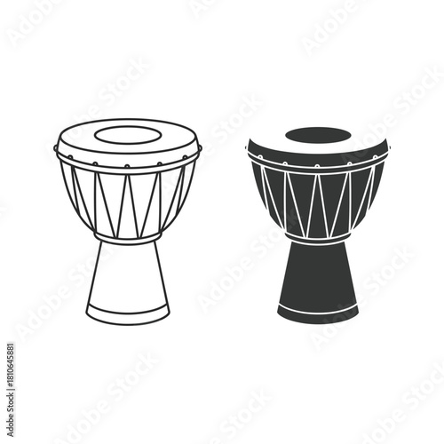 Outline and solid icon of a djembe drum, traditional african percussion instrument