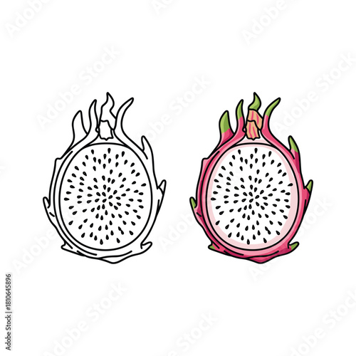 Dragon fruit in color and black and white isolated on