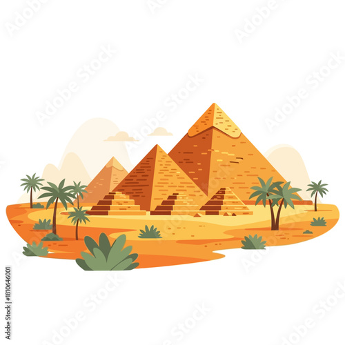 Flat Vector Egyptian Pyramids in Desert - Ancient Egypt Landmark Illustration