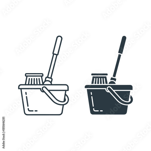 Cleaning bucket with brush and mop icon set, isolated on