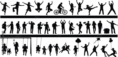 Diverse Silhouettes Collection of People Engaging in Leisure Activities, Including Dancing, Biking, Playing Music, and Swinging, Active Lifestyle and Freedom Vector Illustration.