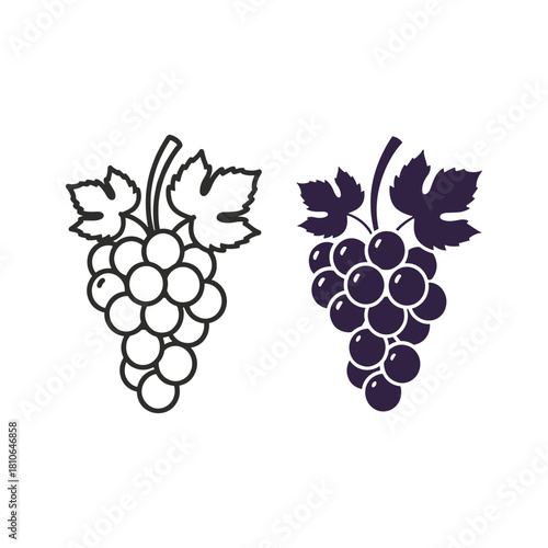 Two bunches of grapes, one in outline and one in solid color, isolated on