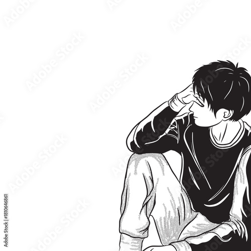 Lombok, Sunday, 23 November 2025, A vector art. A boy sits, head in hand, deep in thought. Black and white tone, a mood of lone, calm, and deep.