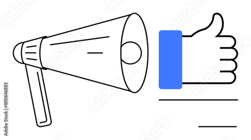 Social media advertising. Social media tools thumbs up megaphone and thumbs-up communication and recognition. Social media driving audience interaction and brand awareness. For marketing, promotions