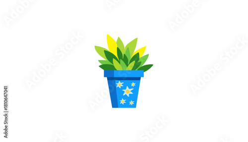 Stylized Potted Houseplant Illustration with Green and Yellow Leaves in a Blue Star-Decorated Planter, Flat Design Icon on White Background