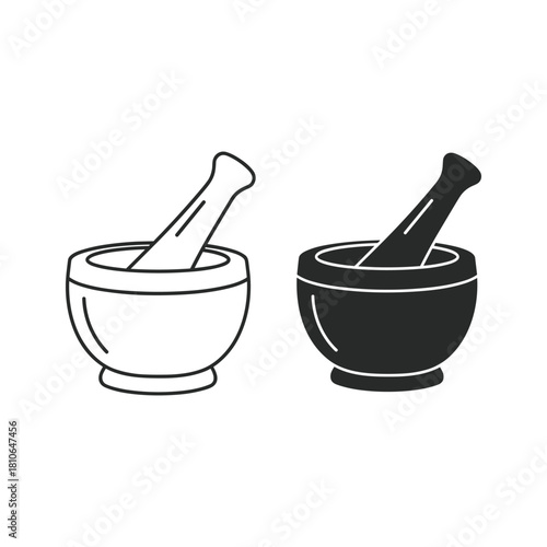 Two mortar and pestle icons, one outline and one solid, isolated on