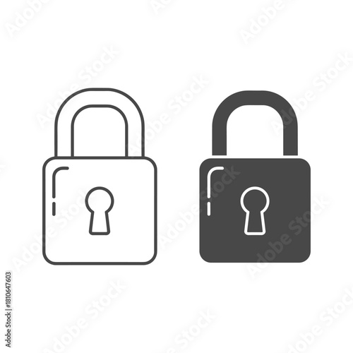 Padlock icon set, outline and solid style, isolated on