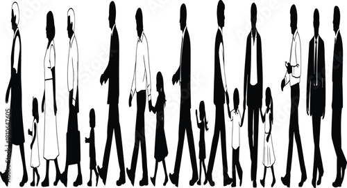 Diverse Group of Adults and Children Silhouettes Walking in a Line, Representing Family, Multigenerational Community, Guardianship, and Moving Forward Vector Illustration.