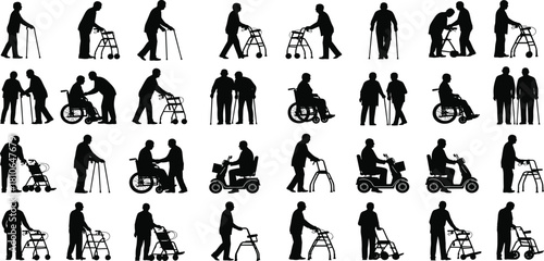 Elderly people silhouettes, diverse seniors using walking aids, mobility assistance devices, rollators, walkers, wheelchairs, and scooters for disabled, active aging, isolated vector set.