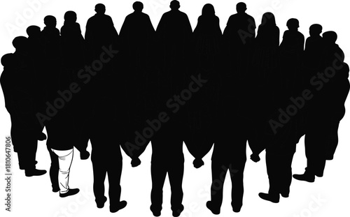 Large Group of Diverse People Silhouettes Standing Closely in a Full Circle Formation, Unity, Community, Social Connection, or Crowd Gathering Vector Illustration.