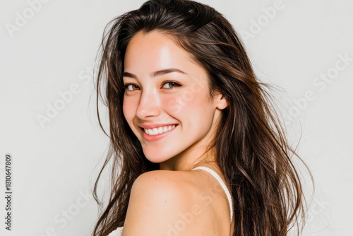 Portrait of a young woman in a white bikini smiling confidently with natural makeup and healthy glowing skin. Perfect for skincare, wellness, and lifestyle concepts.