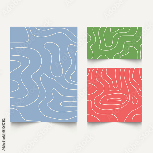 Twisted lines, fluid, curved, wiggling stripes, waves  backgrounds set. Liquid, chaotic retro ornaments, groovy hippie patterns collection. Doodle, uneven hand drawn wavy, organic winding lines