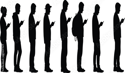Line of Diverse People Silhouettes Standing and Looking at Mobile Phones, Technology Addiction, Social Media Use, Digital Communication, or Wireless Network Concept Vector.
