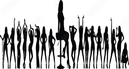 Large Group of Dancing Women Silhouettes in Party Poses, Featuring Central Figure on Bar Stool, Night Life, Celebration, Fun, and Entertainment Vector Illustration.