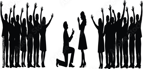 Romantic Marriage Proposal Silhouette with Man Kneeling, Offering Ring to Woman, Surrounding Cheering Crowd Vector Illustration, Love, Engagement, and Celebration Concept.