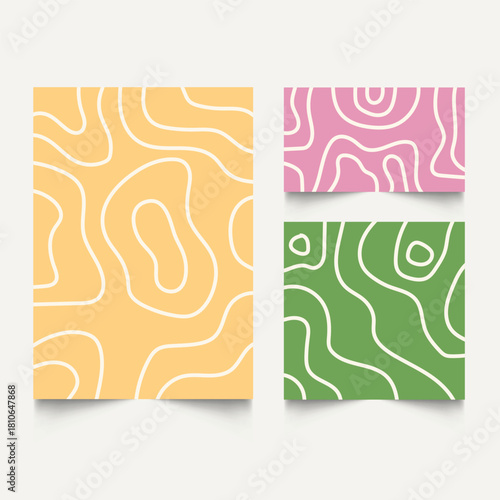 Twisted lines, fluid, curved, wiggling stripes, waves  backgrounds set. Liquid, chaotic retro ornaments, groovy hippie patterns collection. Doodle, uneven hand drawn wavy, organic winding lines