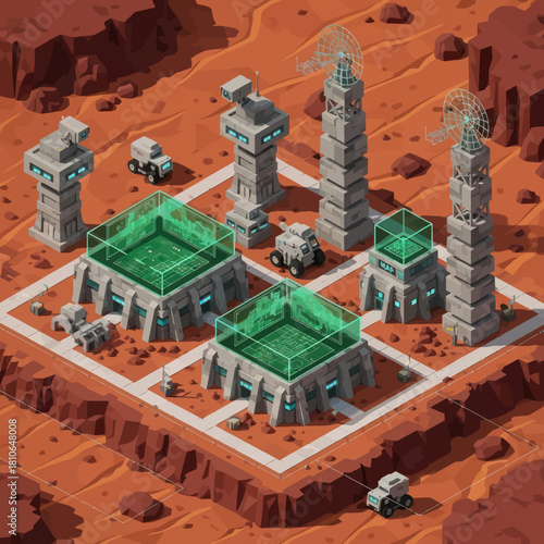Futuristic Martian Base with Advanced Architecture and Vehicles.